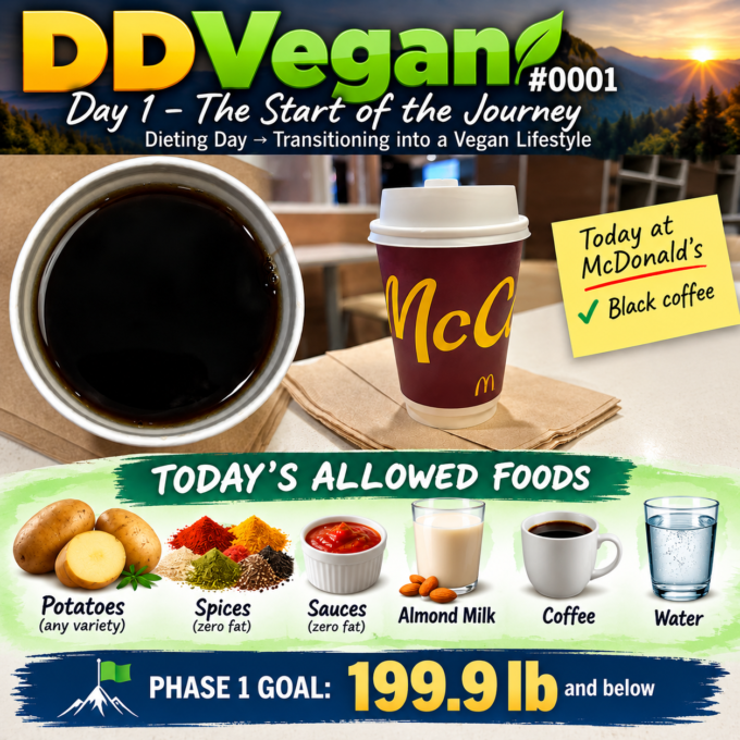 Day #1126-0512 – (Sun., Sep. 27, 2026) – (DDVegan #0001 – McD Black Coffee!) (+0.0 lbs.) 2026-09-27 - DDVegan Day #0001